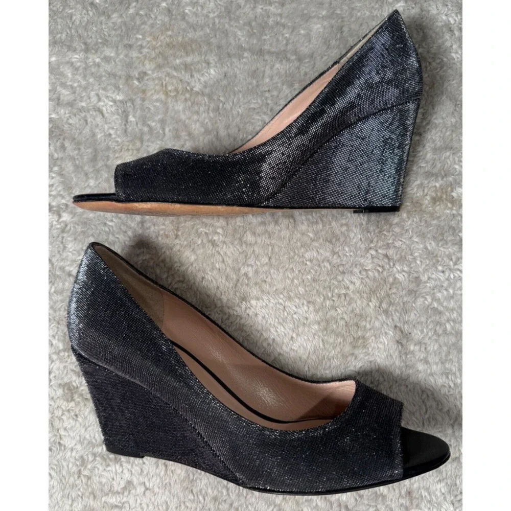 Kate Spade New York Radiant Black Glitter Peep Toe Wedge Heels Womens Size 6.5